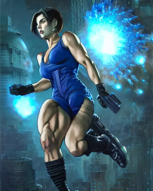 Prompt: gigachad jill valentine bodybuilder jumping in front of a atomic blast fighting wearing a suit in the fight club city, fantasy character portrait, ultra realistic, anime key visual, full body concept art, intricate details, highly detailed by greg rutkowski, ilya kuvshinov, gaston bussiere, craig mullins, simon bisley
