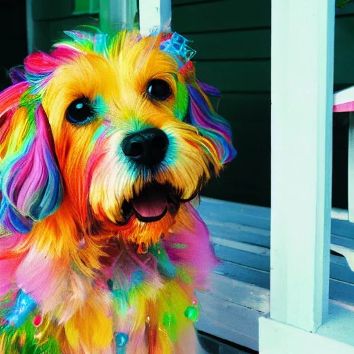 Prompt: the most colorful beautiful doggy sitting on a porch in heaven with colorful beads and explosive particles 35mm camera prototype