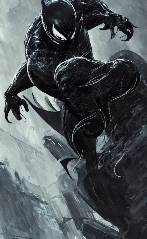 Image similar to venom as batman, dynamic lighting, photorealistic fantasy concept art, trending on art station, stunning visuals, terrifying, creative, cinematic