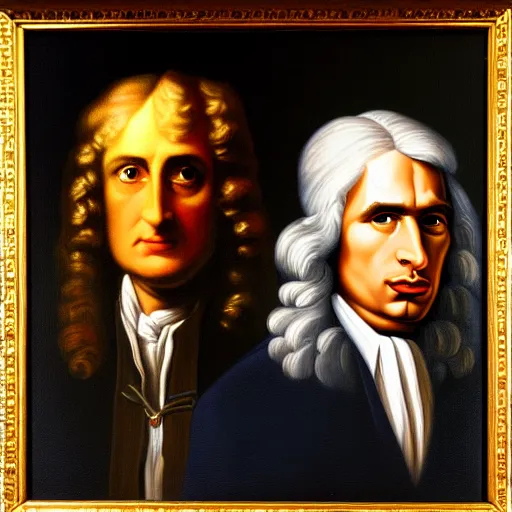 Prompt: a classical portrait of sir isaac newton and tupac shakur together, oil on canvas