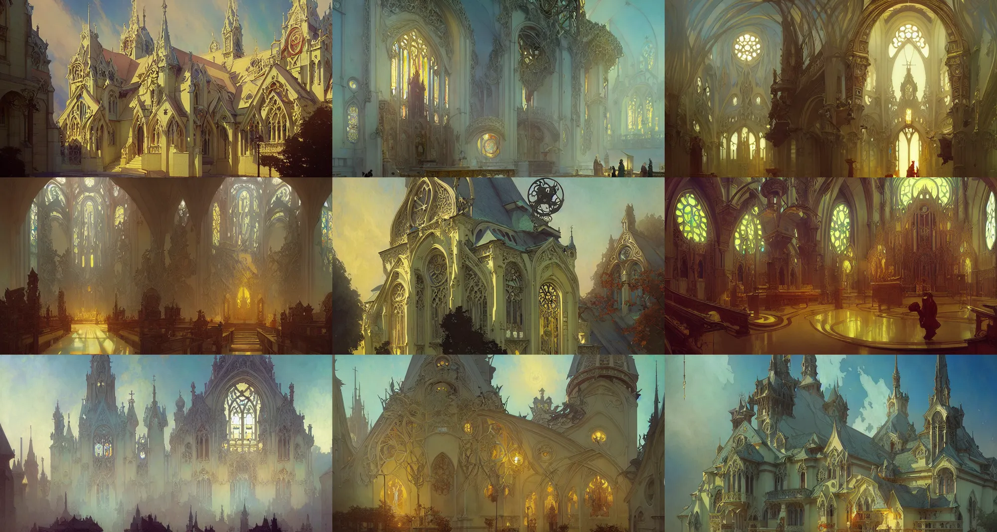 Prompt: church, art nouveau architecture, fantasy, art by joseph leyendecker, peter mohrbacher, ivan aivazovsky, ruan jia, reza afshar, marc simonetti, alphonse mucha