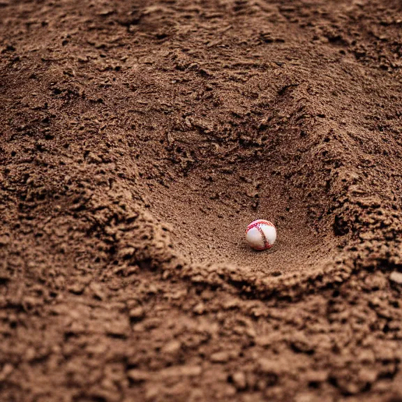 Image similar to a 4 k photorealistic photo close up of a baseball laying in the dirt