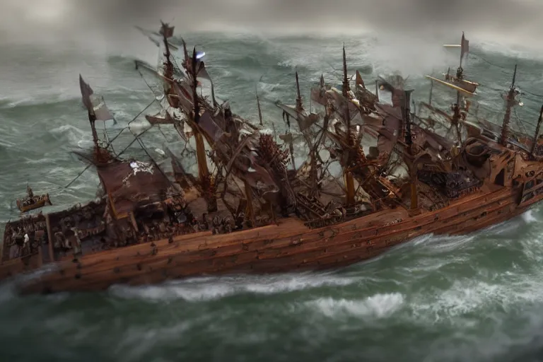 Prompt: epic pirate ship cannon battle in a storm, in the style of vernon grant and chris van allsburg, trending on artstation, bright tilt - shift camcorder effect, photoshop, retrowave, hyperrealism, octane, sharp focus, masterpiece