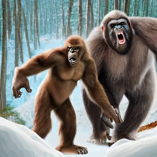 Image similar to a high detailed realistic photo of a yeti and sasquatch battling king kong