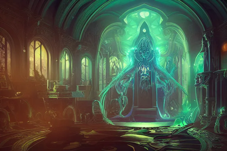 Prompt: spacecore, eldritch, psychic, elemental masterpiece 8k resolution Behance HD scrollwork magic conduits zBrush Central contest winner, cel-shaded gothic psychedelic Haunted Mansion by Antoine Collignon, deep color