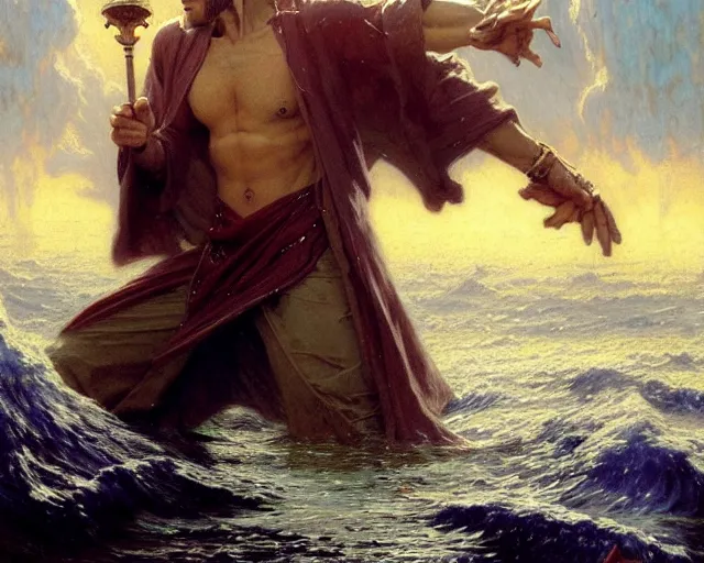 Image similar to attractive male wizard casting powerful giant tsunami spell in a beautiful lake. highly detailed painting by gaston bussiere, craig mullins, j. c. leyendecker 8 k