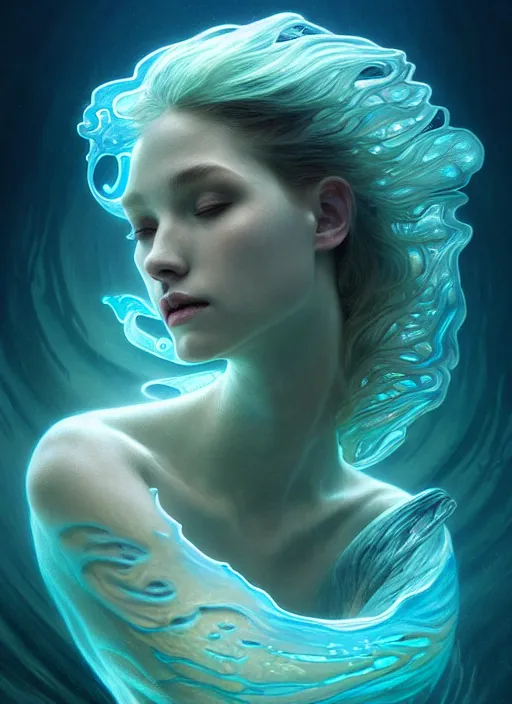 Image similar to an underwater photographic side portrait of an anthropomorphic bioluminescent liquid wave, dramatic murky volumetric lighting, fantasy, intricate, elegant, highly detailed, digital painting, artstation, concept art, smooth, sharp focus, illustration, art by artgerm and h r giger and alphonse mucha