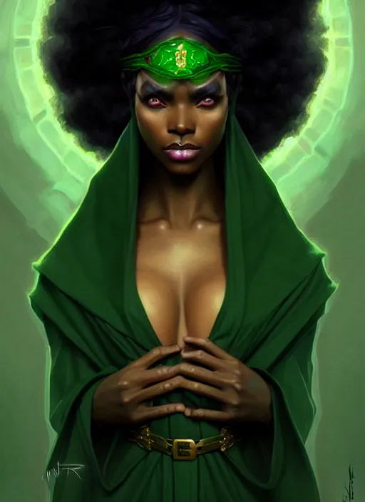 Prompt: beautiful black woman elf wearing a dark green robe portrait, art nouveau, fantasy, intricate arcane wiccan designs, elegant, highly detailed, digital painting, artstation, concept art, matte, sharp focus, illustration, art by Artgerm and Greg Rutkowski and WLOP