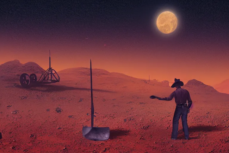 Image similar to wide shot of an old western cowboy digging with a shovel on mars, distant background, red lighting, ominous, gloomy, moonlight, bokeh, depth of field, synthwave, psychedelic, glitch, acrylic, flooko, detailed, cybernetic, sci-fi, glows,