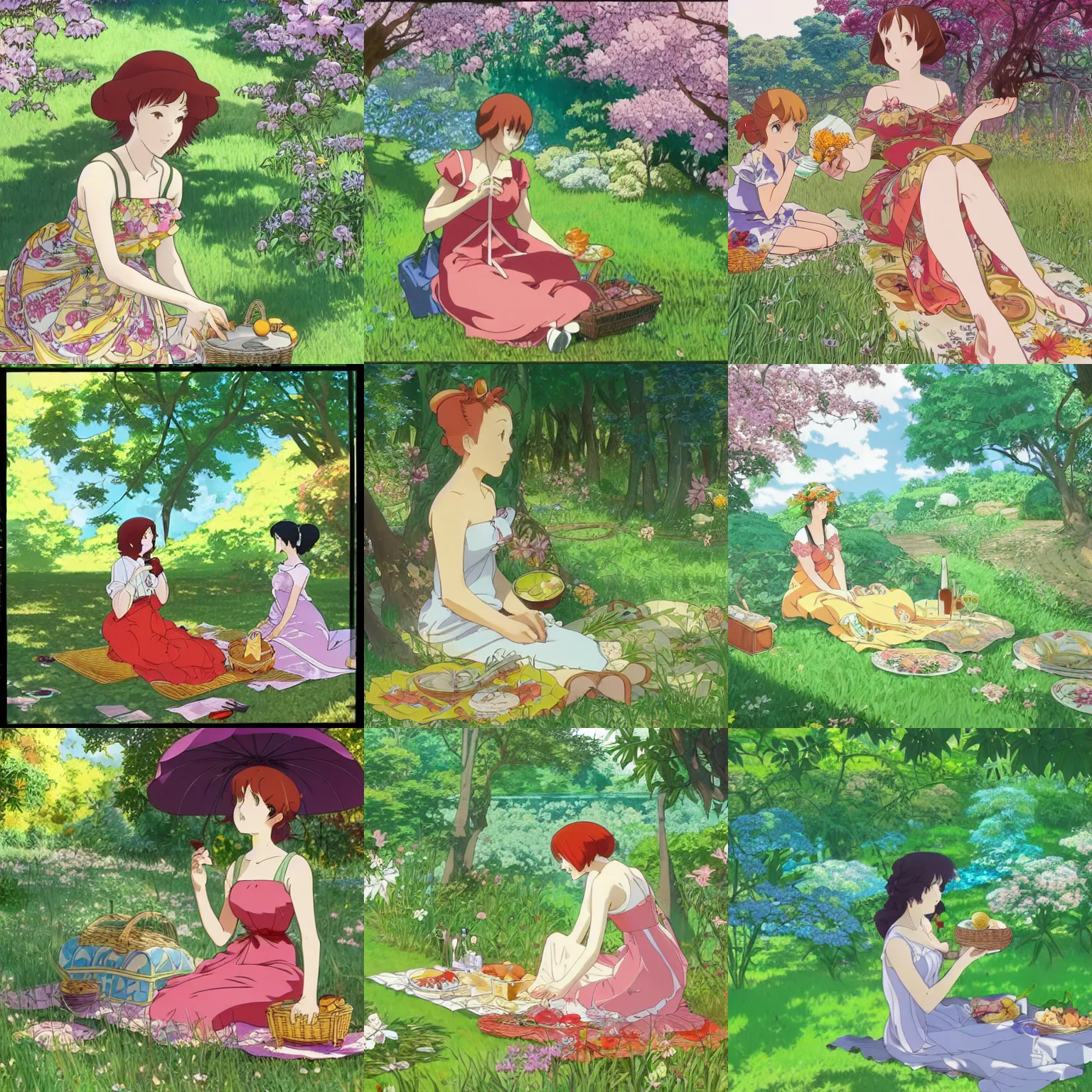 Prompt: A woman wearing a sundress having a picnic in a lush park, highly detailed, artstation, concept art, official Kyoto Animation and Studio Ghibli anime screenshot, by Satoshi Kon and Alphonse Mucha