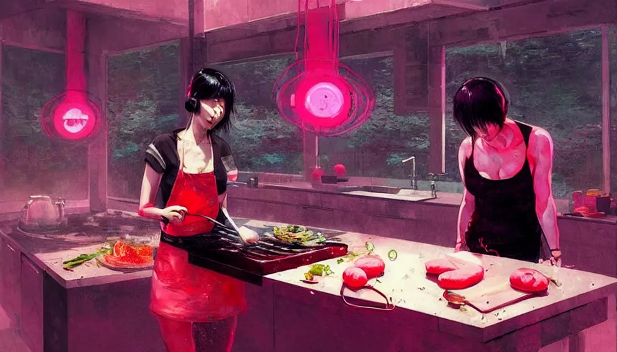 Image similar to lee jin - eun cooking a steak in a cyberpunk kitchen theme next to a pink plant by greg rutkowski, claude monet, conrad roset, takato yomamoto, rule of thirds, seductive look, beautiful