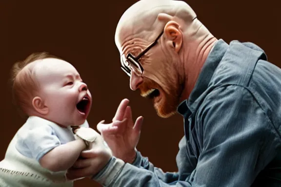 Prompt: walter white holding a baby and screaming at it