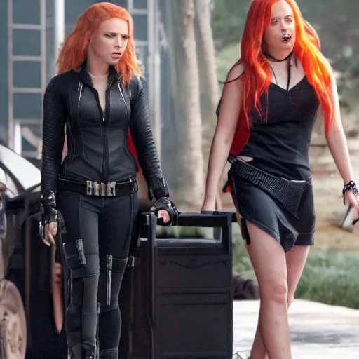 Prompt: movie still of Scarlett Johansson handing over her things to Avril Lavigne to be the new Black Widow