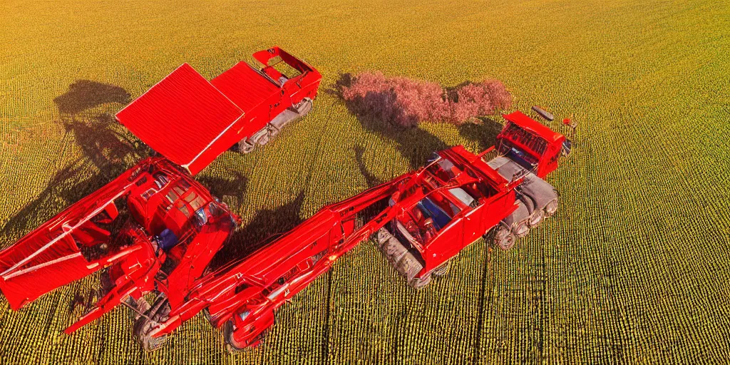 Image similar to A giant red harvester working in the corn field, aerial view, photo realistic image, 4K, super detailed, golden hour look