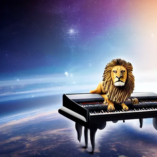 Image similar to a lion wearing a kings crown, playing a futuristic piano in space, ultra hd, 3d render