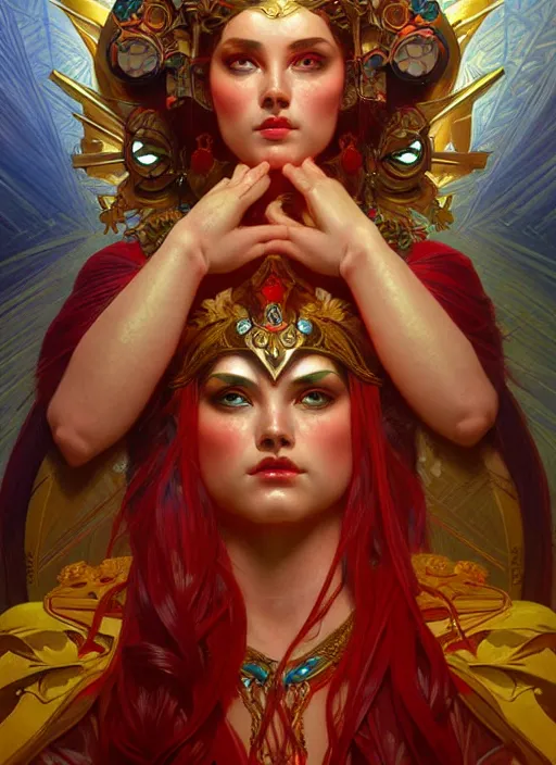 Image similar to the goddess hera looking angry, paper armour, volumetric lights, red and cyan theme, cute, intricate, elegant, highly detailed, digital painting, artstation, concept art, smooth, sharp focus, symmetric face, illustration, art by artgerm and greg rutkowski and alphonse mucha