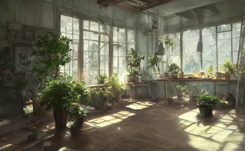 Prompt: a stylish artist studio interior, old wood floors, potted plants, painting by Craig Mullins, octane rendering, soft morning lighting, wide angle lens, low view, in the style of Hayao Miyazaki, trending on artstation,