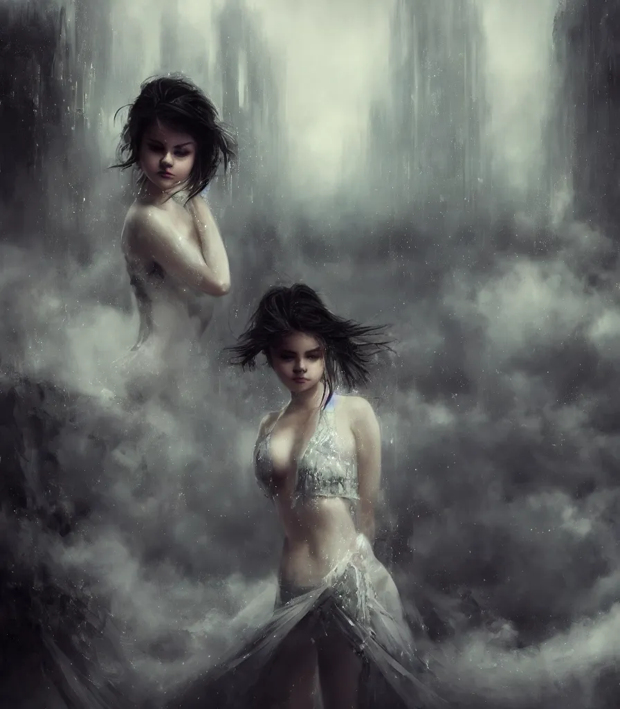 Prompt: hyperrealistic portrait of selena gomez as a a nymph, sapphire butterfly jewellery, snakes emerging from mystic fog smoke, above the clouds skyscrapers. by jeremy mann, fantasy art, photo realistic, dynamic lighting, artstation, poster, volumetric lighting, 4 k, award winning