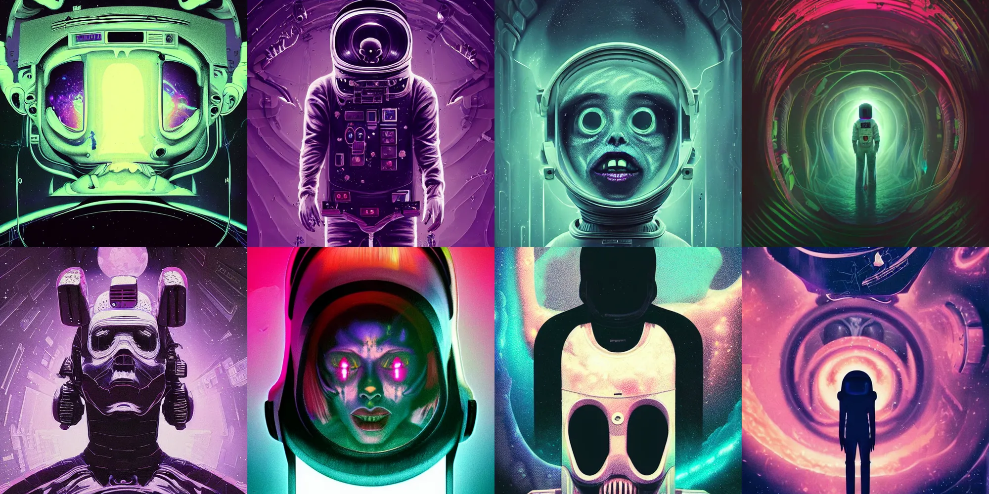 Prompt: beautiful dark astronaut, horror poster 9 0 s, cosmic horror, abstract, ghostly, arcade, duotone, poltergeist, lets get weird, intricate, elegant, highly detailed, artstation, smooth, sharp focus, unreal engine 5, raytracing, art by beeple and mike winkelmann, ultraviolet colors,