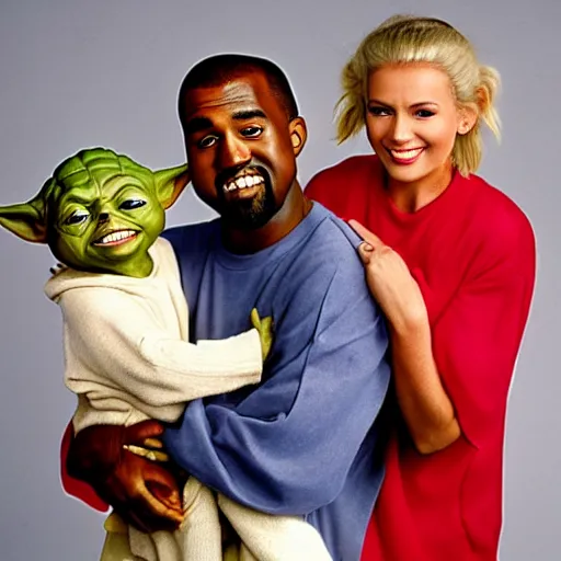 Image similar to kanye west smiling and holding holding yoda for a 1 9 9 0 s sitcom tv show, studio photograph, portrait c 1 2. 0