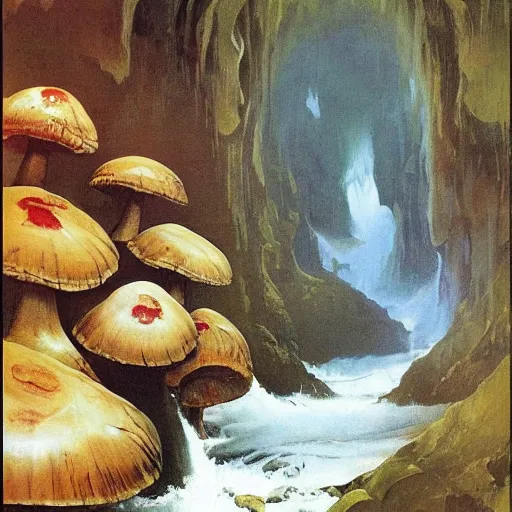 Prompt: a river flowing through a cavern full of giant mushrooms, Frank Frazetta