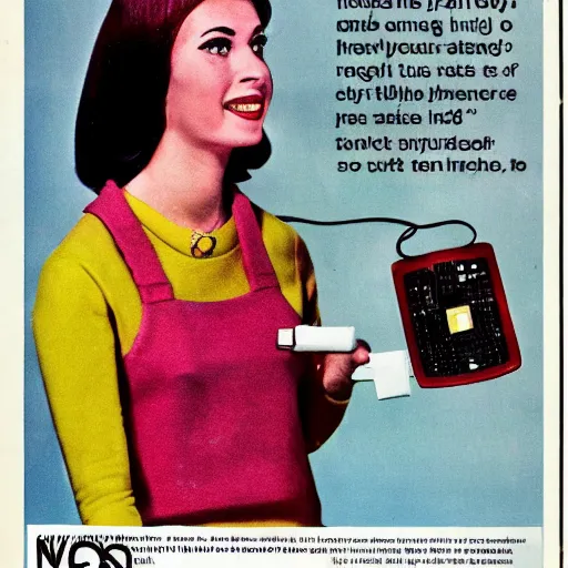 Prompt: 1 9 6 6 magazine ad with young lady holding a diy hf transceiver and surprised middle - aged man next to her, orwocolor