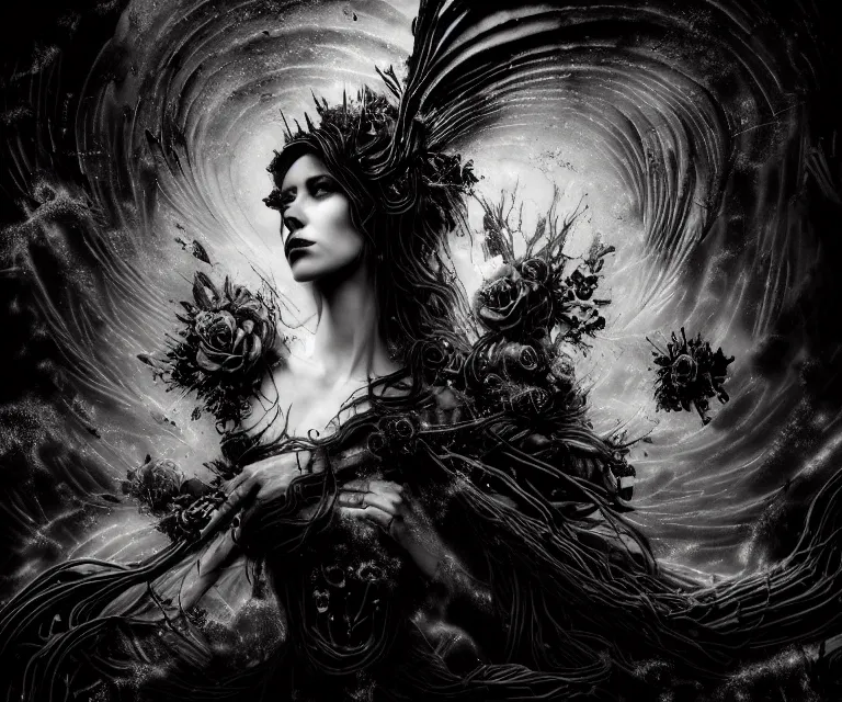 Prompt: a stunning otherworldly gothic goddess of freewill in a old temple, dark and mysterious,, eerie, cinematic, epic, 8 k, ultra detail, ultra realistic | nights falling wind is blowwing snow is pilling concept art in style of carne griffiths artwork by xsullo. | backround of beautiful floweres floatingby elson, peter kemp, peter