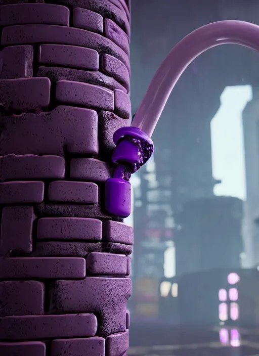 Image similar to intricate faucet with purple slime coming out of it, attached to a brick wall, the slime is oozing on the ground next to the faucet. Very detailed 8k. Fantasy cyberpunk. Sharp. Cinematic post-processing