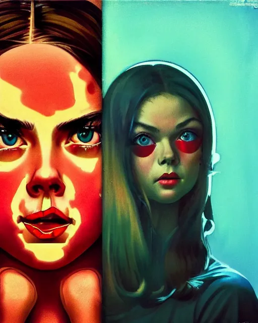 Image similar to in the style of Norman Rockwell and Ilya Kuvshinov, Samara Weaving, symmetrical face symmetrical eyes, full body, in an alleyway during The Purge, people fighting, night time dark with neon colors, fires