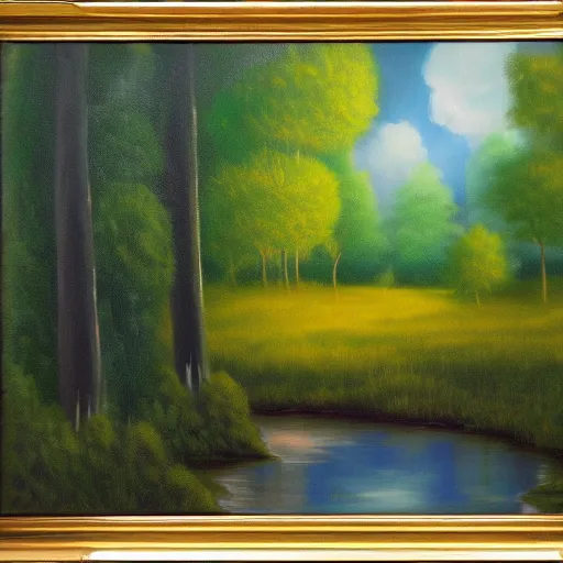 Prompt: A forest landscape with a prefectly diffuse cube in the middle of the painting, by bob ross