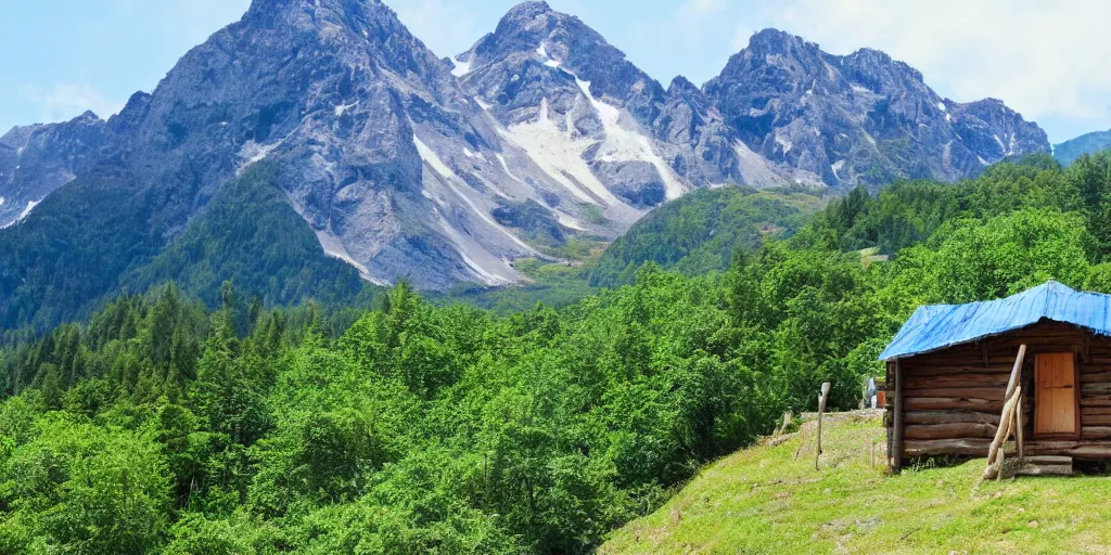 Image similar to a mountain landscape, in summer, with a hut surrounded by woods, blue sky