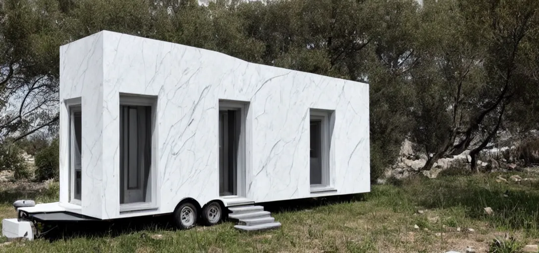 Image similar to greek tiny house on trailer made of marble designed by iktinos and callicrates.