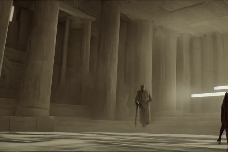 Prompt: vfx movie closeup jedi vs sith couple dual interior dark temple by emmanuel lubezki