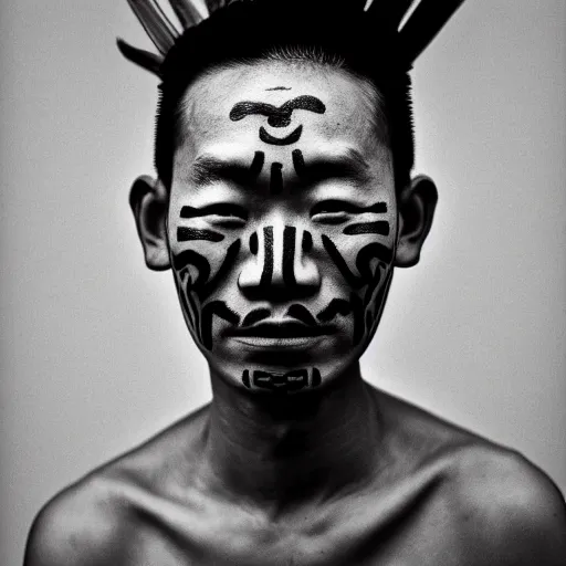 grizzled young chinese man with tribal face tattoos, Stable Diffusion