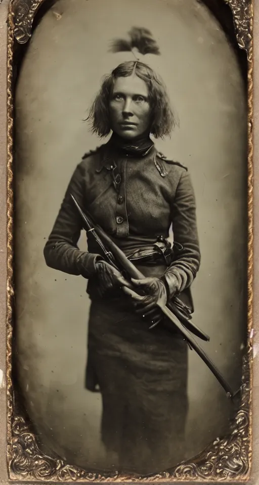 Prompt: a highly detailed wet plate photograph, a portrait of a female hunter holding a rifle