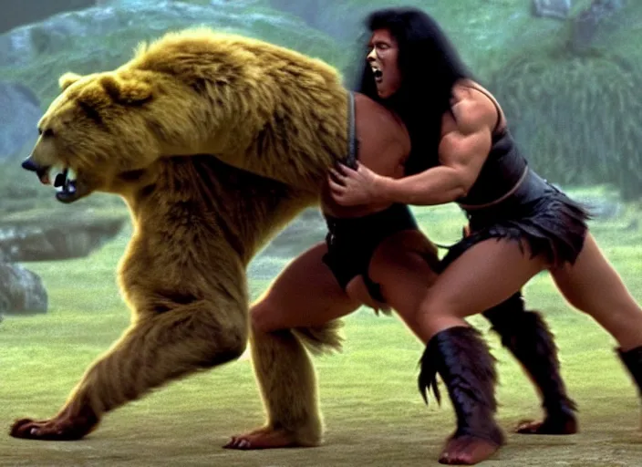 Prompt: she - hulk wrestling a bear lion, movie still, from the movie conan the barbarian, 8 k, realistic