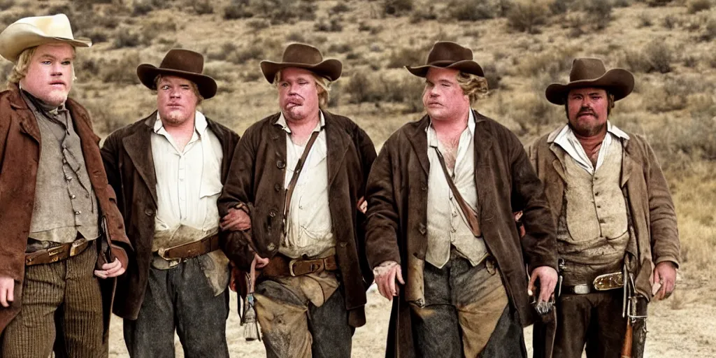 Prompt: Phillip Seymour Hoffman, in an old west town, flanked by two bandits