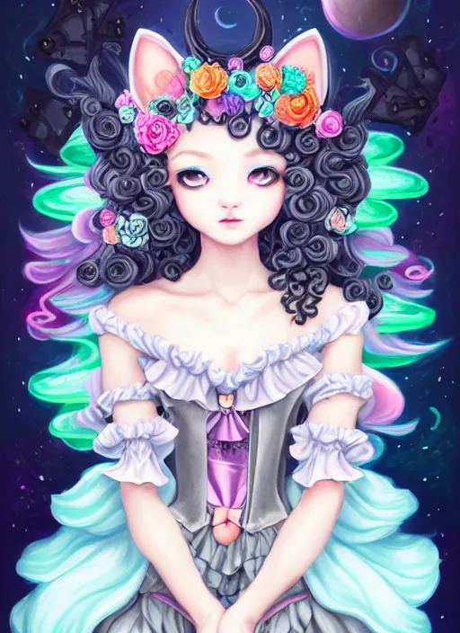Prompt: dark fantastic illustration of beautiful cat girl witch with a robot, curls hair, rococo ruffles dress, rosette, symmetrical face, pastel rainbow, pearlescent, cute, fairy, rim light, by mai yoneyama, rolua, detailed background,, artstation, concept art, highly detailed, colorful, maximalist
