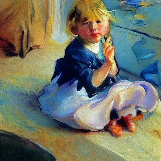 Image similar to A 2 year old girl playing with small abalone shells, blond hair. Painting by Sorolla