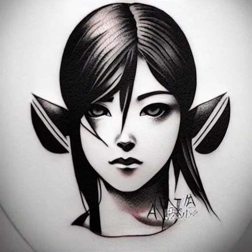 Image similar to tattoo design, stencil, portrait of a japanese girl, zelda, by artgerm,