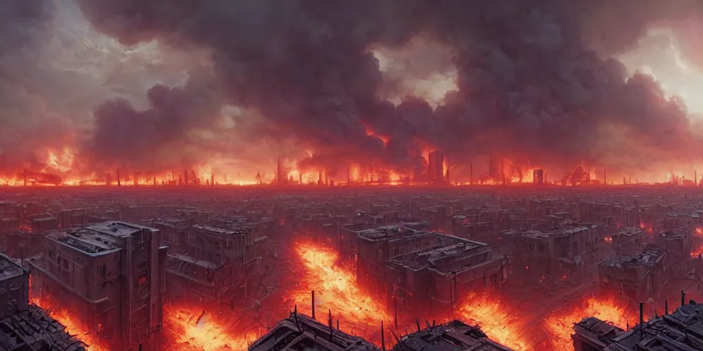 Prompt: a wide view of a post-apocalyptic city, fires everywhere, being attacked by mutants. fear, desolation, destruction, stylish, detailed digital matte painting by Greg Rutkowski and Simon Stalenhag