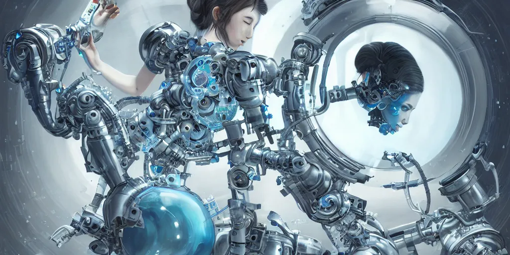 Image similar to hyperrealistic photography of a gorgeous big female cyborg constructing a bubble machine in the style of Jin Kagetsu, James Jean and wlop, highly detailed, masterpiece, award-winning, sharp focus, intricate concept art, ambient lighting, 8k, artstation