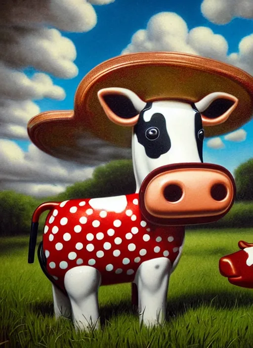 Image similar to highly detailed closeup, face profile portrait of a retro 1 9 5 0 s tin toy cow chewing cud on pasture, dream bubbles, unreal engine, nicoletta ceccoli, mark ryden, earl norem, lostfish, global illumination, detailed and intricate environment