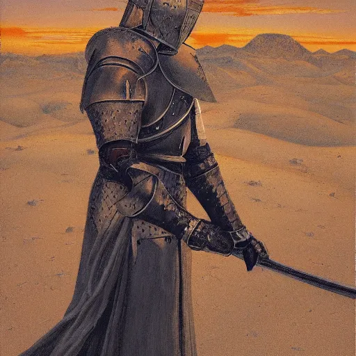 Prompt: male knight in the middle of a desert, gerald brom