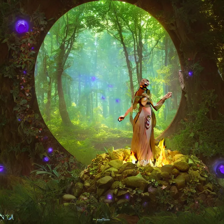 Image similar to Fantasy Magical fairy-tale glowing stone portal in the forest. Round stone portal teleport in trees to other worlds. Fantastic landscape. Magic Altar in the fores, highly detailed, digital painting, artstation, concept art, smooth, sharp focus, illustration, art by alphonse mucha