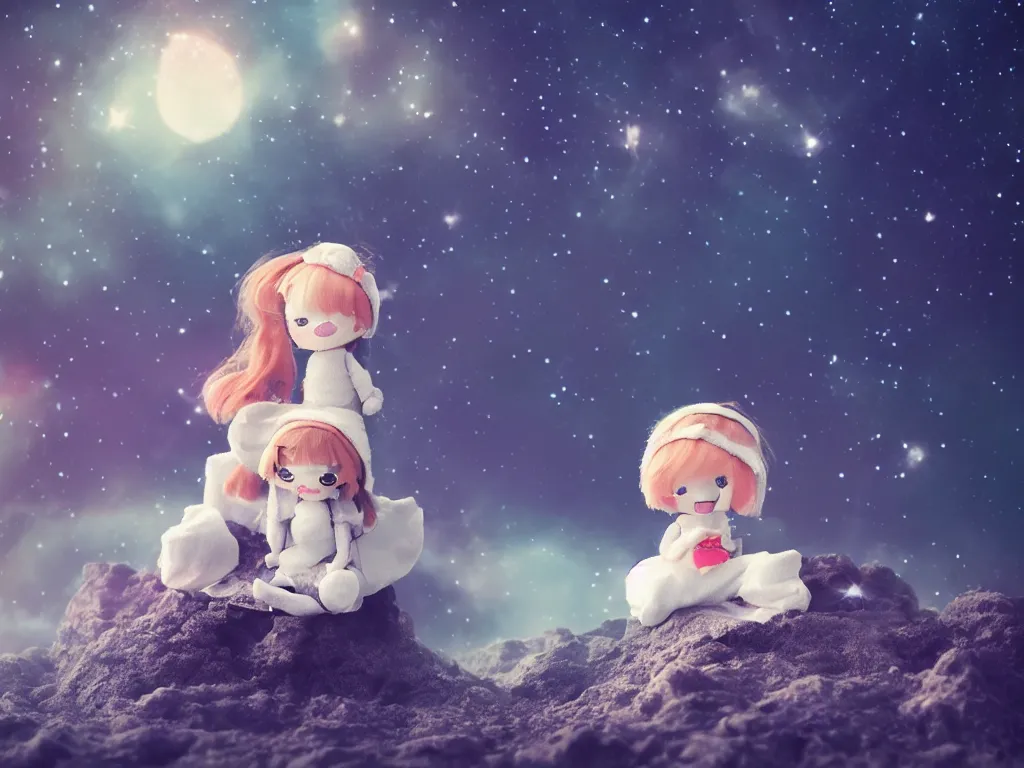 Prompt: cute fumo plush girl sitting on a small island floating in the dark galactic abyss, vignette, bokeh, vray