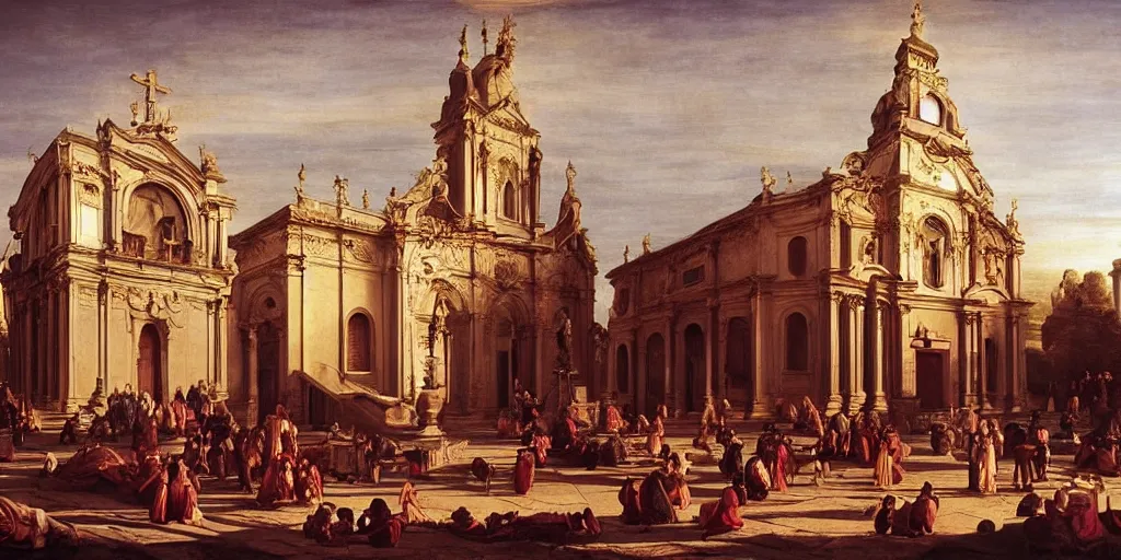 Prompt: beautiful oil matte painting, baroque church caught on fire with people desperate to extinguish the flames, wonderful masterpiece highly detailed, beautiful cinematic light deep focus, elegant, digital painting, smooth, sharp focus, golden ratio, dramatic illumination, ultra realistic, 8 k, art by giovanni bellini and caravaggio