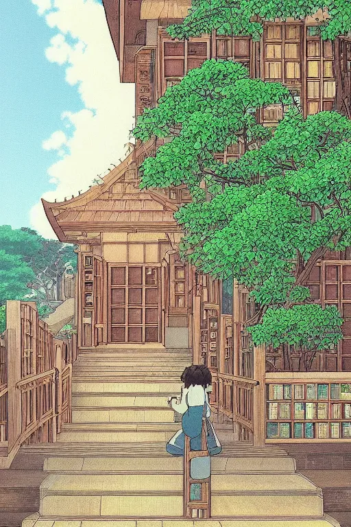 Prompt: in the beautiful and gentle library with wooden european steps, next to the door leading to the balcony is a girl. outside the door is a tree full of envelopes. under the tree is a boy, dreamy, aesthetical, japanese animation, miyazaki