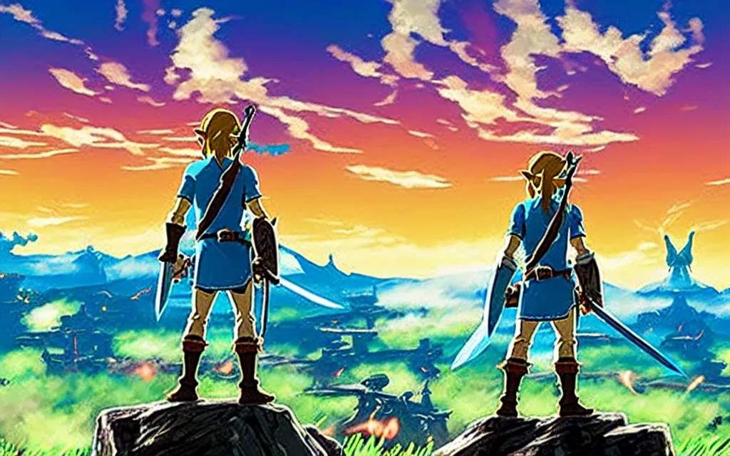 Image similar to photograph of Link from behind, from the game Breath of the Wild, with the master sword hanging across his back, watching the sunset, highly detailed