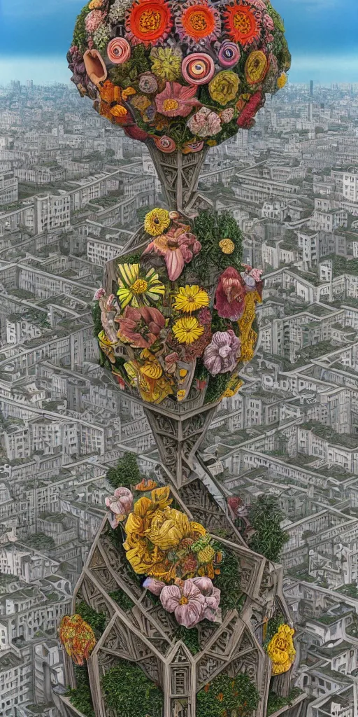 Image similar to colossal MC Escher flower in the middle of abandoned post soviet constructivist cityscape, Stalinist architecture, ultradetailed, Intricate by Hayao Miyazaki and Josan Gonzalez and Giuseppe Arcimboldo and Wes Anderson and H.R. Giger